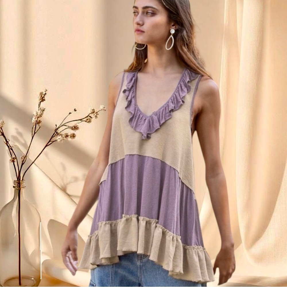 POL Two-Tone Ruffle Hem Tank Top | Soft Boho Layered Look